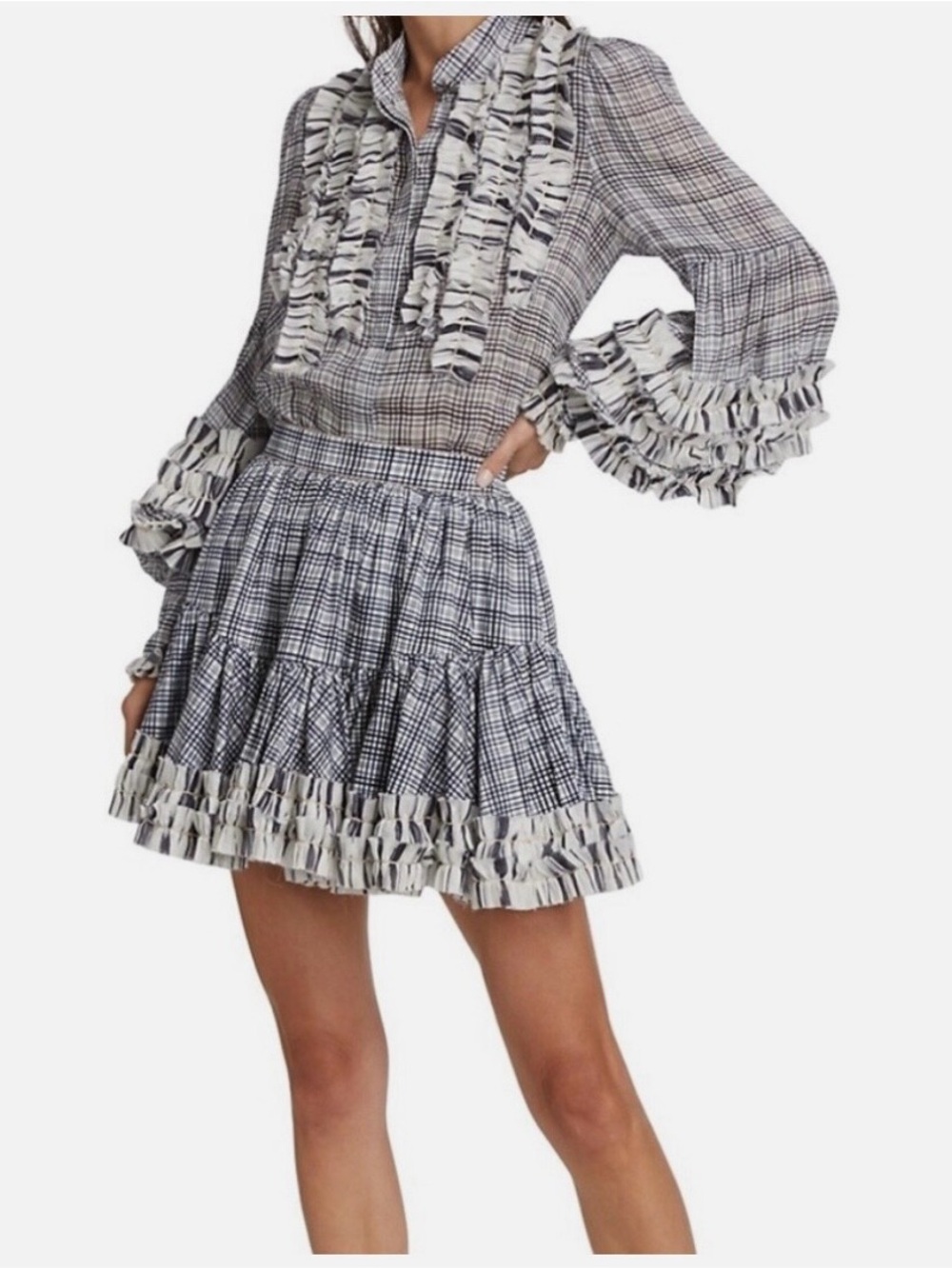 NWOT! AJE Memento Black White Plaid Mini Skirt Ruffle Blouse Set Size 8